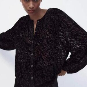 Zara Black Burnout Velvet Blouse